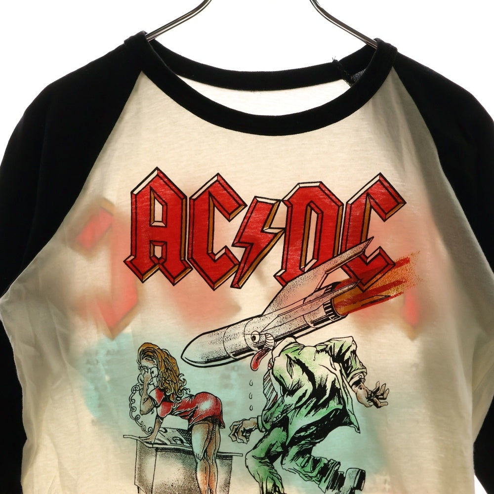VINTAGE(ヴィンテージ) 80s AC/DC ラグラン プリント 半袖カットソー クルーネック Tシャツ ホワイト/ブラック