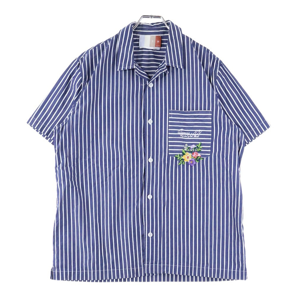 KITH(キス) 22SS Striped Poplin Thompson Camp Collar Shirt ロゴ刺繍 ストライプ半袖シャツ ブルー KHM030439