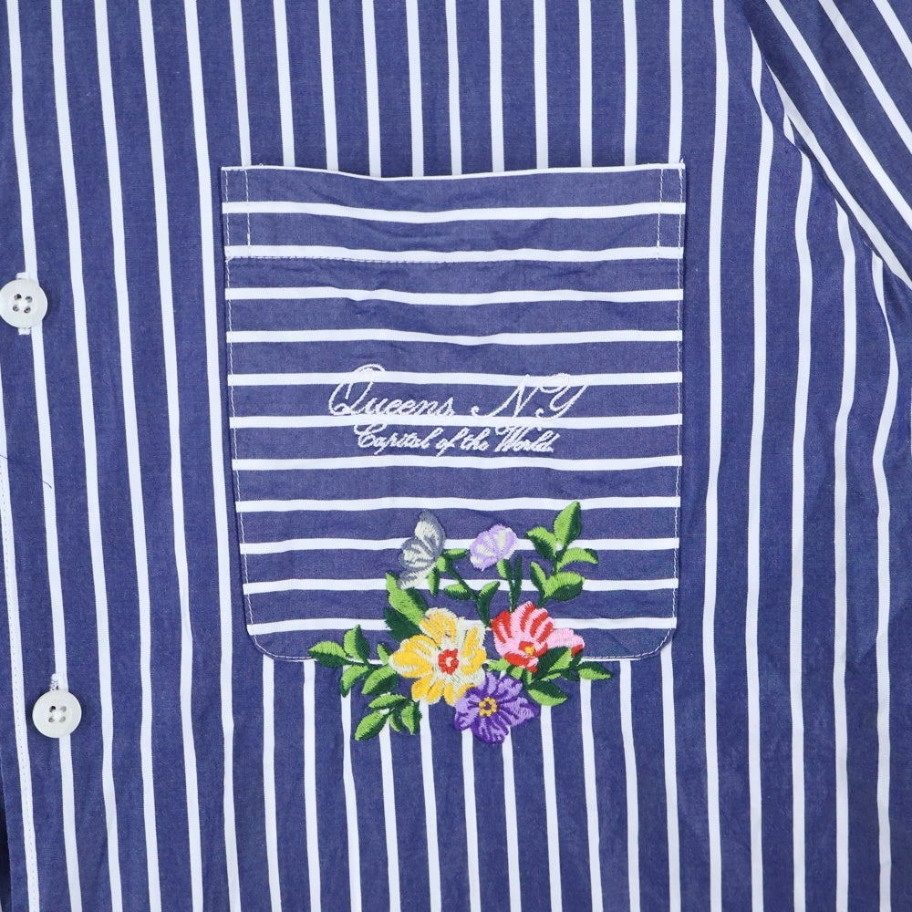 KITH(キス) 22SS Striped Poplin Thompson Camp Collar Shirt ロゴ刺繍 ストライプ半袖シャツ ブルー KHM030439
