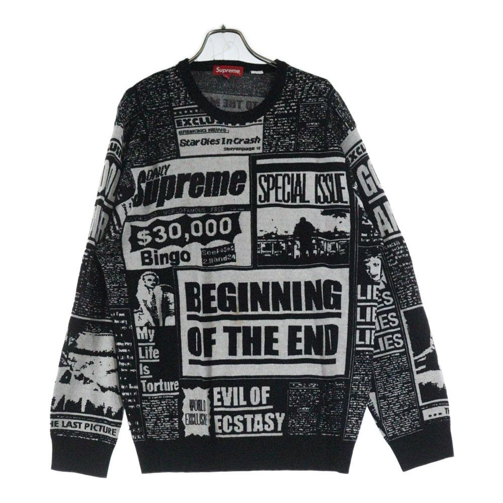 SUPREME(シュプリーム) 18AW News Print Sweater ニュースプリントセーター 総柄クルーネック長袖ニットセーター ブラック