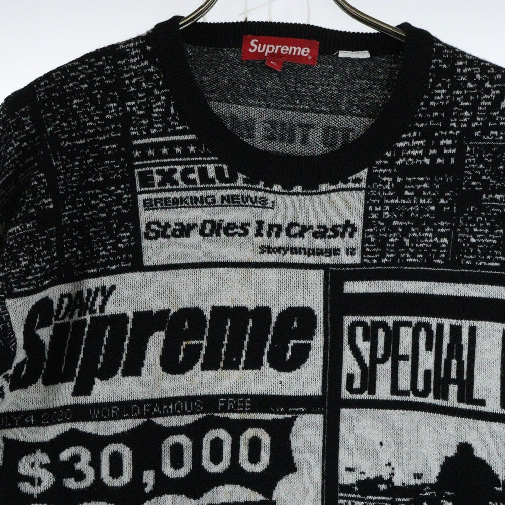SUPREME(シュプリーム) 18AW News Print Sweater ニュースプリントセーター 総柄クルーネック長袖ニットセーター ブラック