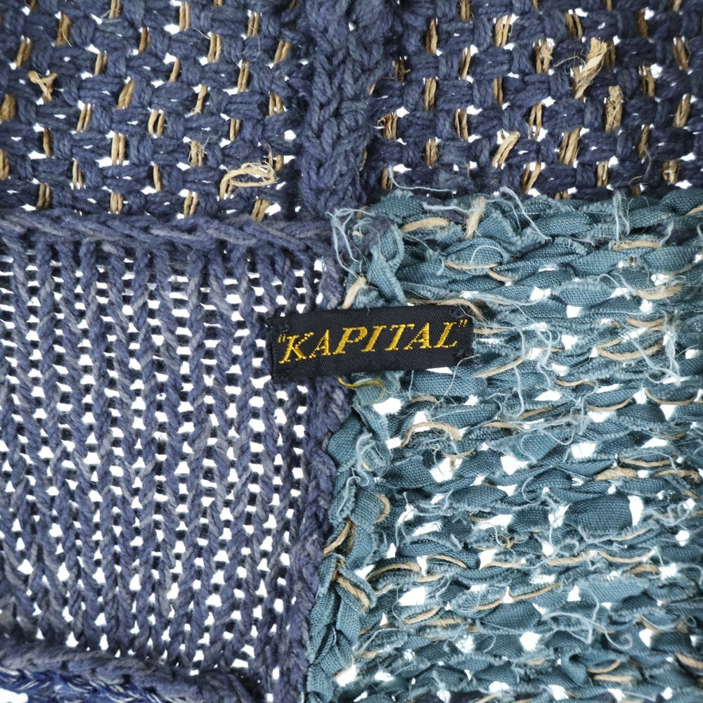 KAPITAL(キャピタル) 3G Hand Knit TUGIHAGI KESA Cardigan ハンドニット ツギハギ ケサ カーディガン 半袖ニットカーディガン K2402KN006 ブルー