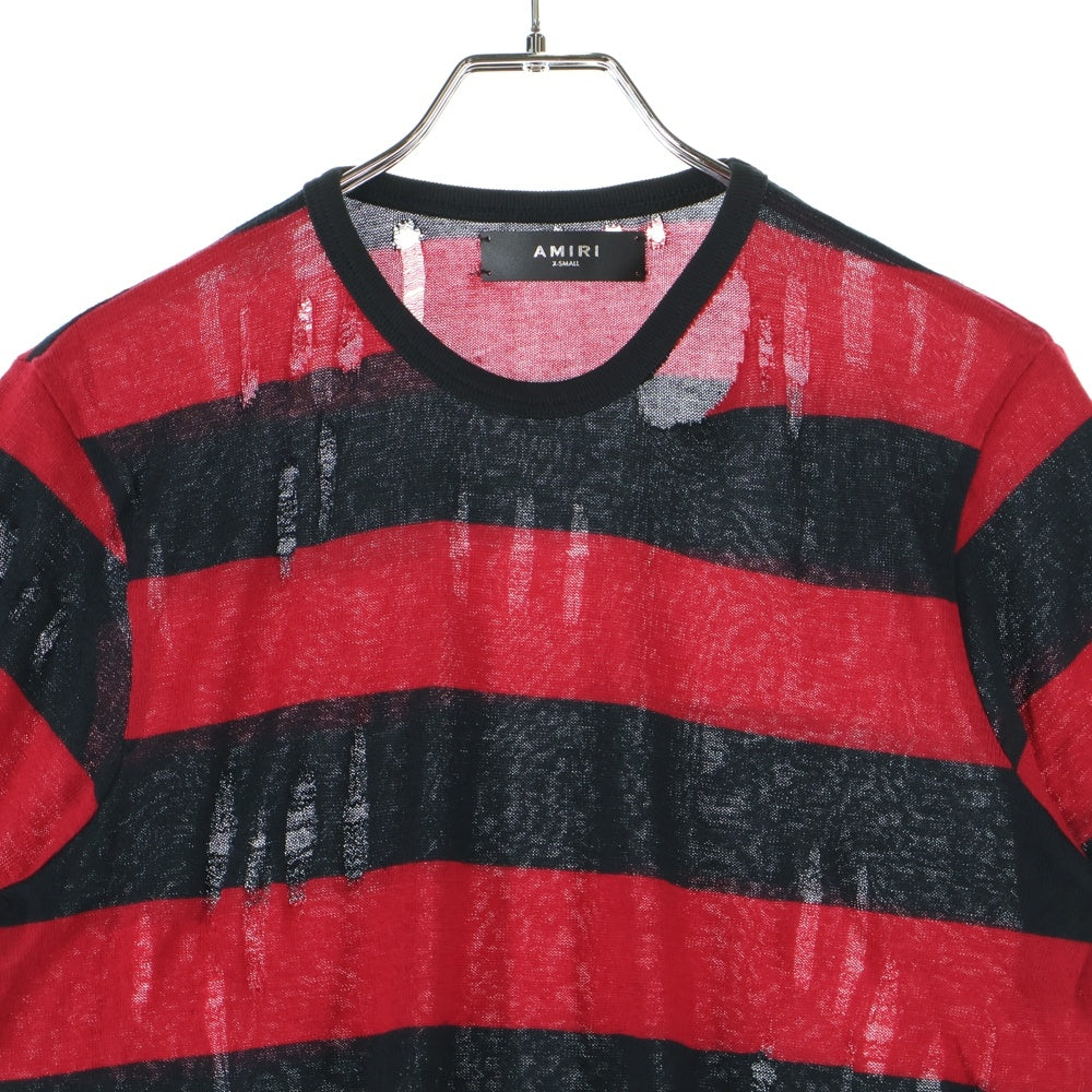 AMIRI(アミリ) Damage Knit T-Shirt ダメージ加工 半袖ボーダーニットTシャツ レッド