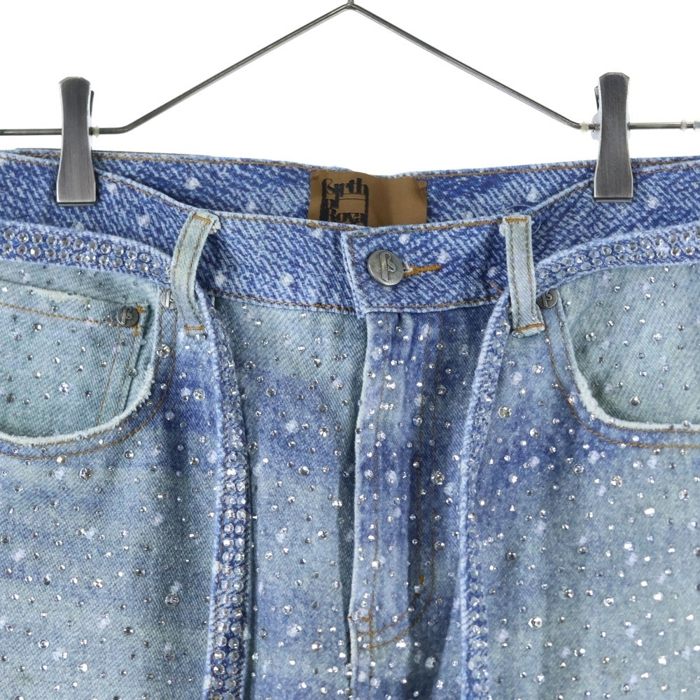 BIRTH OF ROYAL CHILD(バースオブロイヤルチャイルド) 3D Printing Washed Full Diamond Denim ラインストーン装飾 デニムパンツ インディゴ