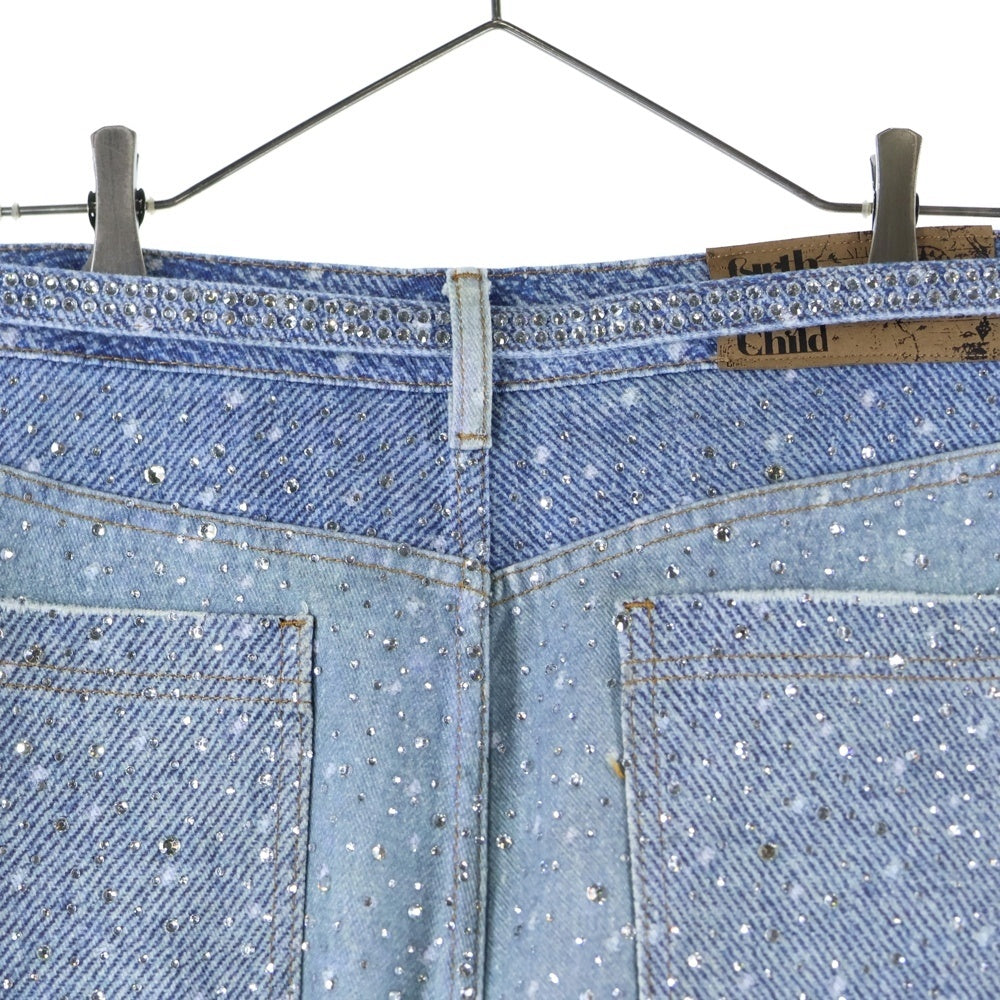 BIRTH OF ROYAL CHILD(バースオブロイヤルチャイルド) 3D Printing Washed Full Diamond Denim ラインストーン装飾 デニムパンツ インディゴ