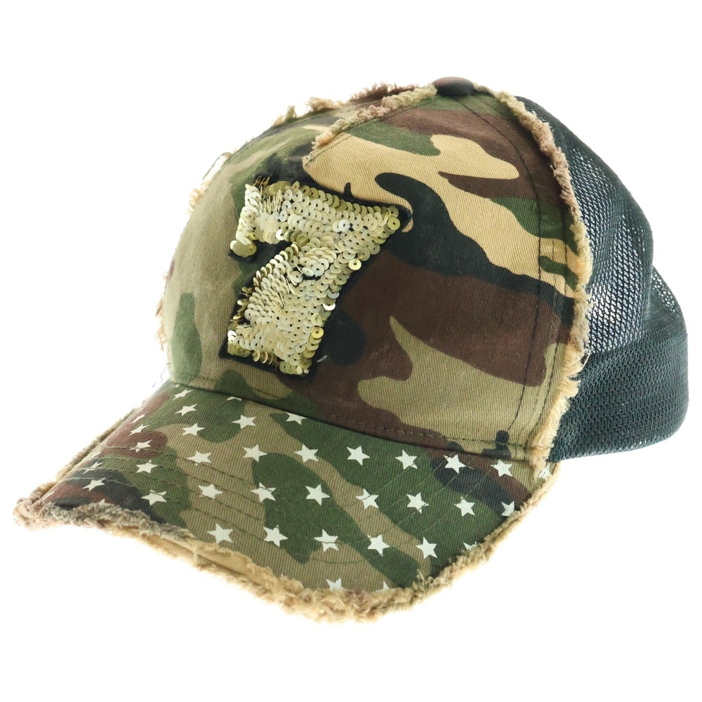 NO BRAND(ノーブランド) YOSHINORI KOTAKE DESIGN ヨシノリ コタケ ダメージ加工 カモフラージュ メッシュキャップ 帽子 カーキ