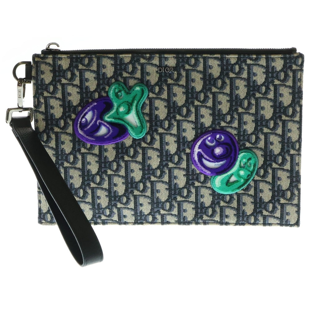 DIOR(ディオール) ×KENNY SCHARF Clutch Bag ケニーシャーフ パッチ付き オブリーク クラッチバッグ セカンドバッグ グレー