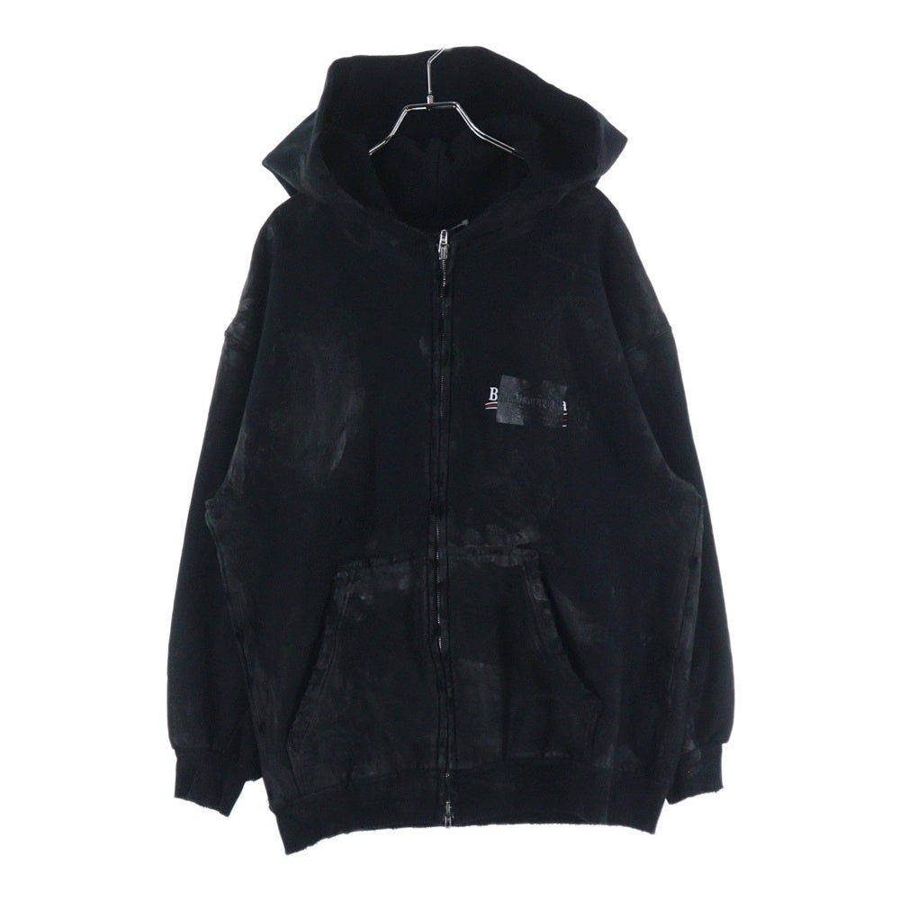 BALENCIAGA(バレンシアガ) Campaign Logo Zip Up Hoodie ダメージ加工ジップアップスウェットパーカー フーディー ブラック 720424 TNVK5