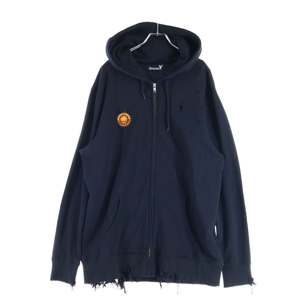 Ground Y(グラウンドワイ) ×CHAINSAW MAN Gun Devil Cotton Fleece Hoodie チェンソーマン ダメージ加工 フロントロゴパッチ付き ジップアップパーカー フーディ ブラック GF-T70-070