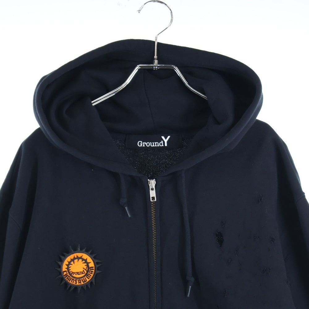 Ground Y(グラウンドワイ) ×CHAINSAW MAN Gun Devil Cotton Fleece Hoodie チェンソーマン ダメージ加工 フロントロゴパッチ付き ジップアップパーカー フーディ ブラック GF-T70-070