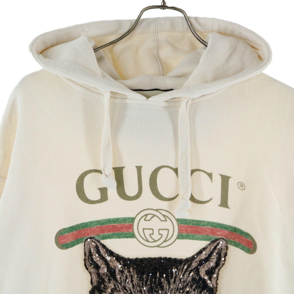 GUCCI(グッチ) Cat Hoodie ミスティック キャット ヴィンテージロゴ スパンコール装飾 プルオーバースウェットパーカー フーディー アイボリー 469251 X9P67