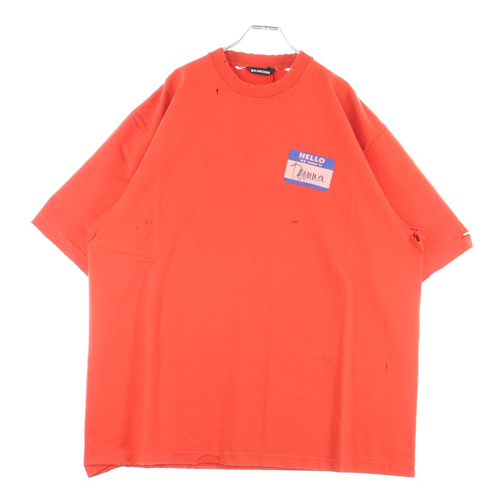 BALENCIAGA(バレンシアガ) Hello My Name Is Demna T-Shirt ダメージ加工 半袖Tシャツ レッド 651795 TJVN3
