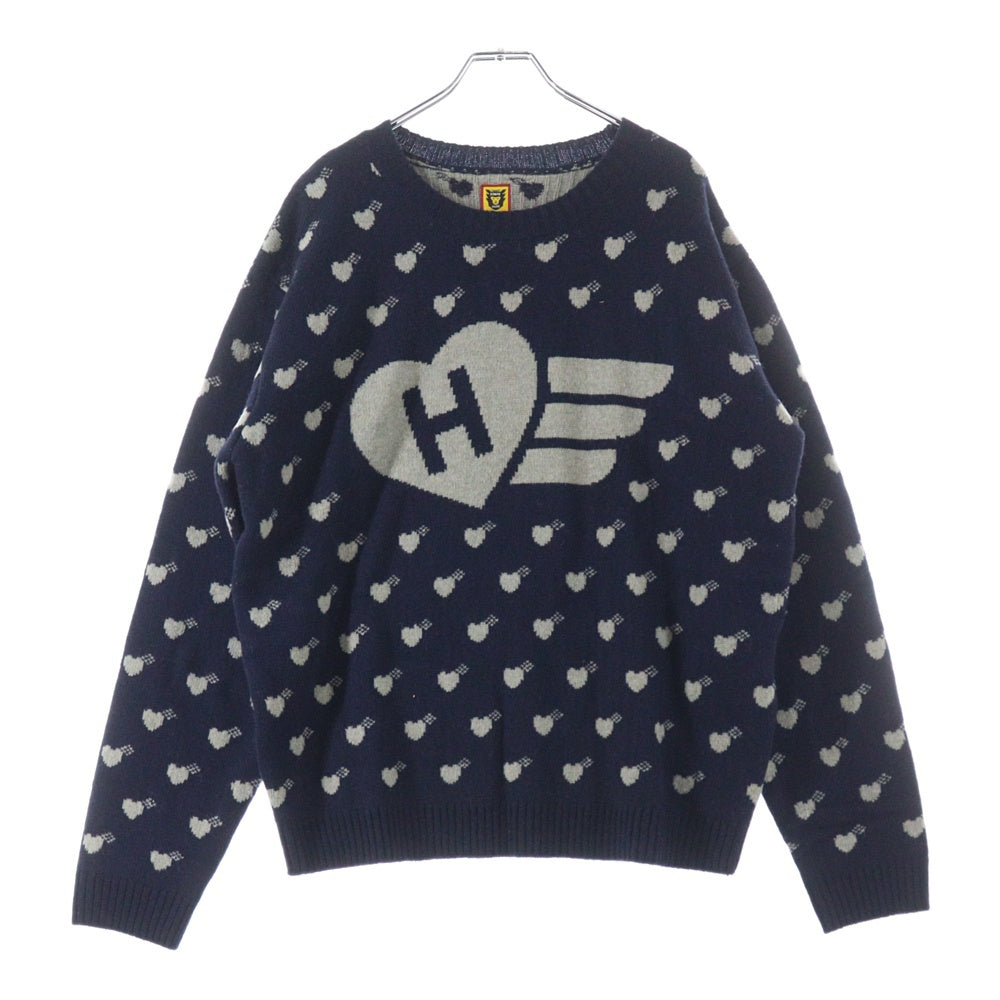 HUMAN MADE(ヒューマンメイド) Heart Knit Sweater ハート総柄 クルーネックウールニットセーター ネイビー