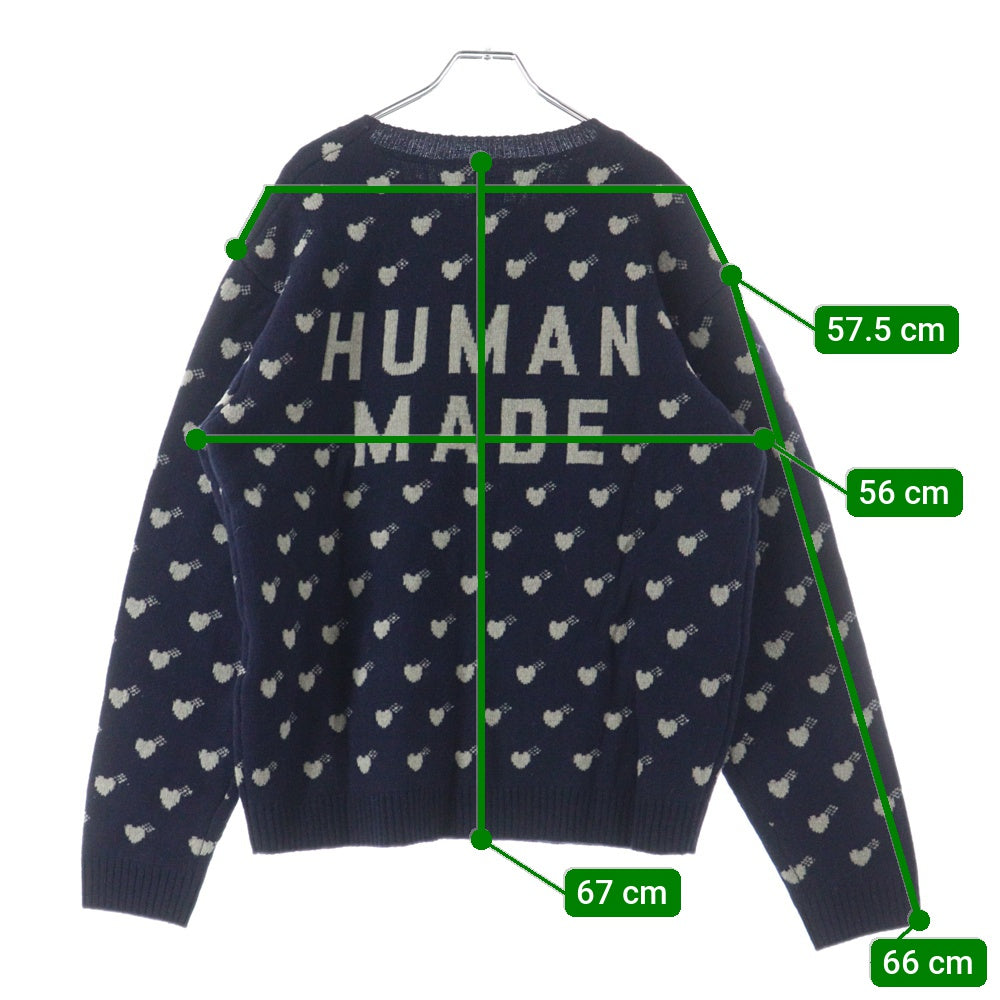 HUMAN MADE(ヒューマンメイド) Heart Knit Sweater ハート総柄 クルーネックウールニットセーター ネイビー