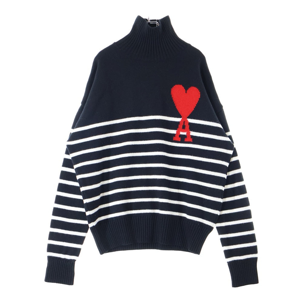 AMI Alexandre Mattiussi(アミアレクサンドルマテュッシ) Heart Striped Roll Neck Knit Sweater ハートロゴ ボーダーハイネックニットセーター ブラック UKS404.018