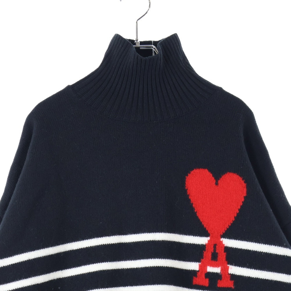 AMI Alexandre Mattiussi(アミアレクサンドルマテュッシ) Heart Striped Roll Neck Knit Sweater ハートロゴ ボーダーハイネックニットセーター ブラック UKS404.018