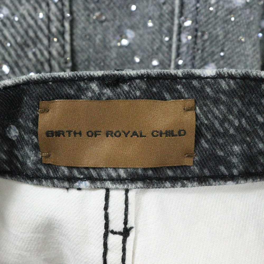 BIRTH OF ROYAL CHILD(バースオブロイヤルチャイルド) 3D Printing Washed Full Diamond Denim ラインストーン装飾 デニムパンツ グレー