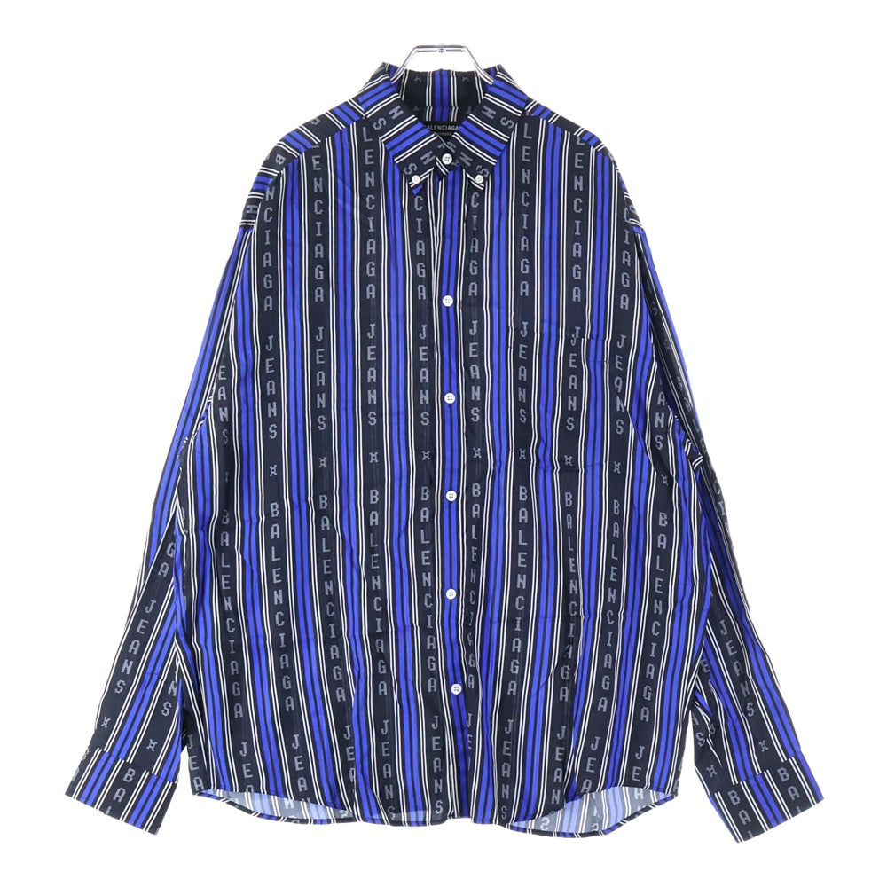 BALENCIAGA(バレンシアガ) Striped Logo Button Up Shirt ストライプロゴボタンアップ 長袖シャツ ブラック/ブルー 627023 TKL32
