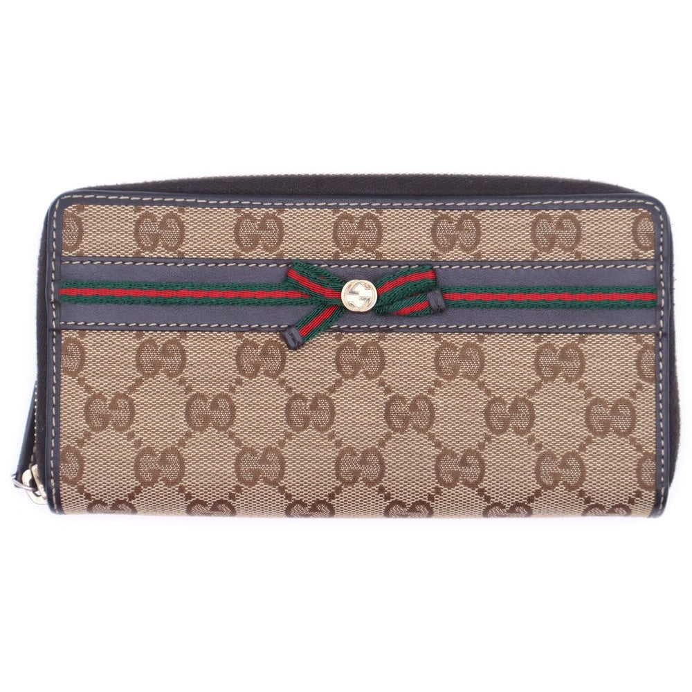 GUCCI(グッチ) GG Canvas Wallet シェリーライン リボン ラウンドジップ キャンバスウォレット 長財布 ベージュ 257003