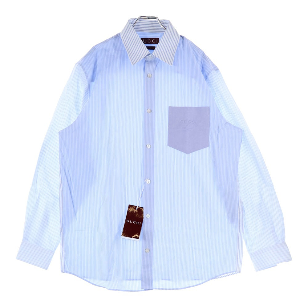 美品 グッチ GUCCI エンブレム刺繍 長袖シャツ サックスブルー GUCCI(グッチ) Emboss Logo Shirt エンボスロゴ ストライプ長袖シャツ