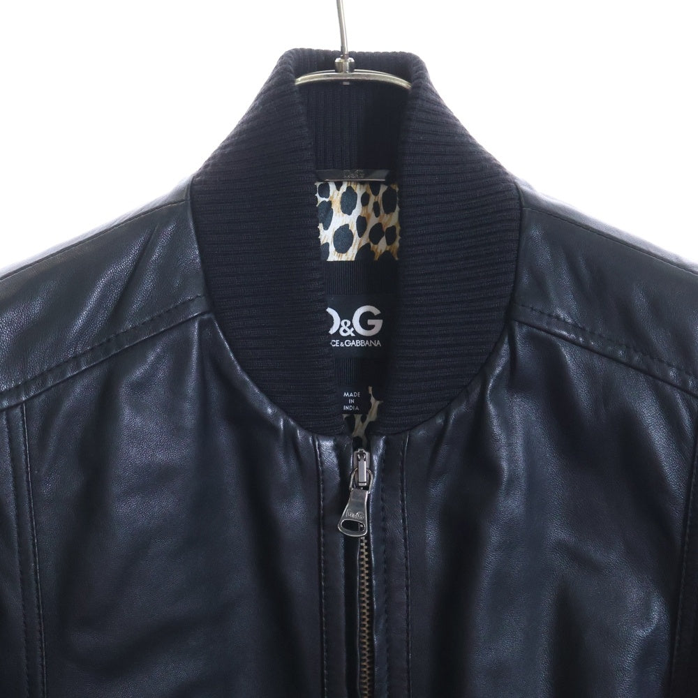 D&G(ディーアンドジー) Leather Leopard Jacket ジップアップレザージャケット ブルゾン 裏地レオパード柄 ブラック SB0571