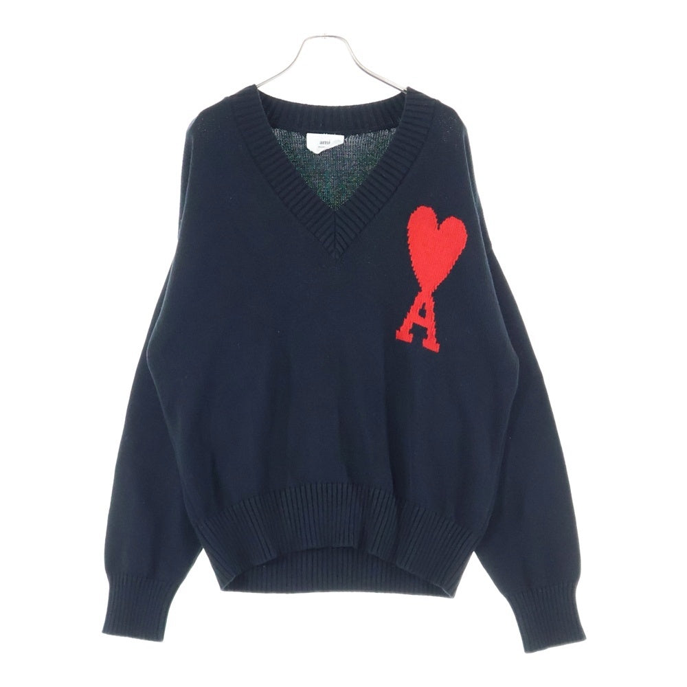 AMI Alexandre Mattiussi(アミアレクサンドルマテュッシ) V NECK SWEATER ハートロゴ Vネックニットセーター ネイビー HKC001.001