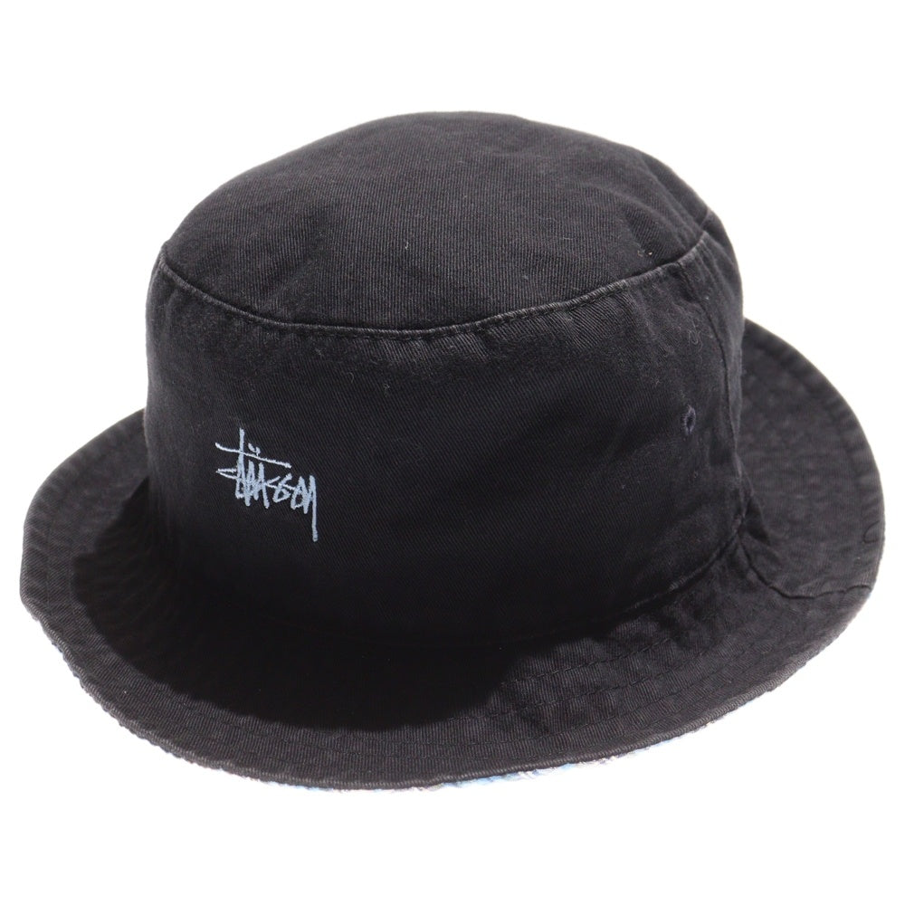 STUSSY(ステューシー) 90s old ロゴ刺繍 バケットハット 裏地チェック ブラック