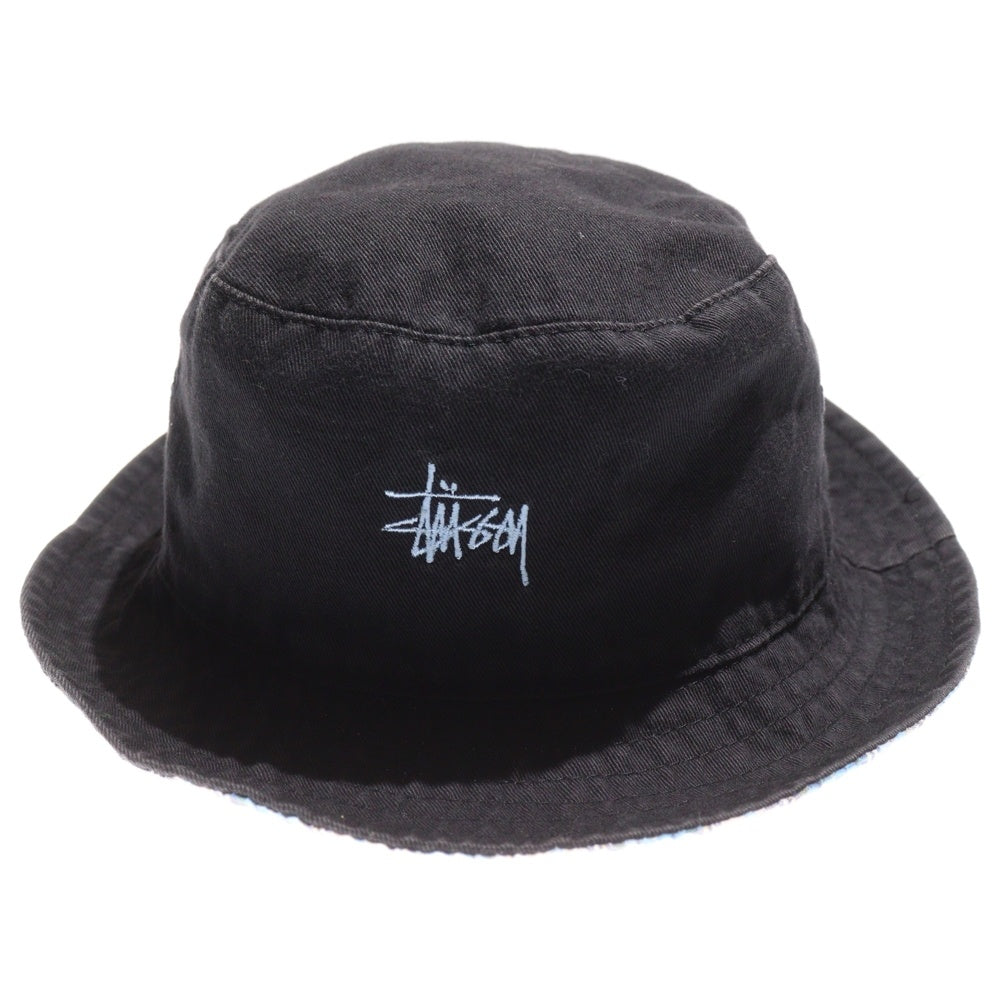 STUSSY(ステューシー) 90s old ロゴ刺繍 バケットハット 裏地チェック ブラック