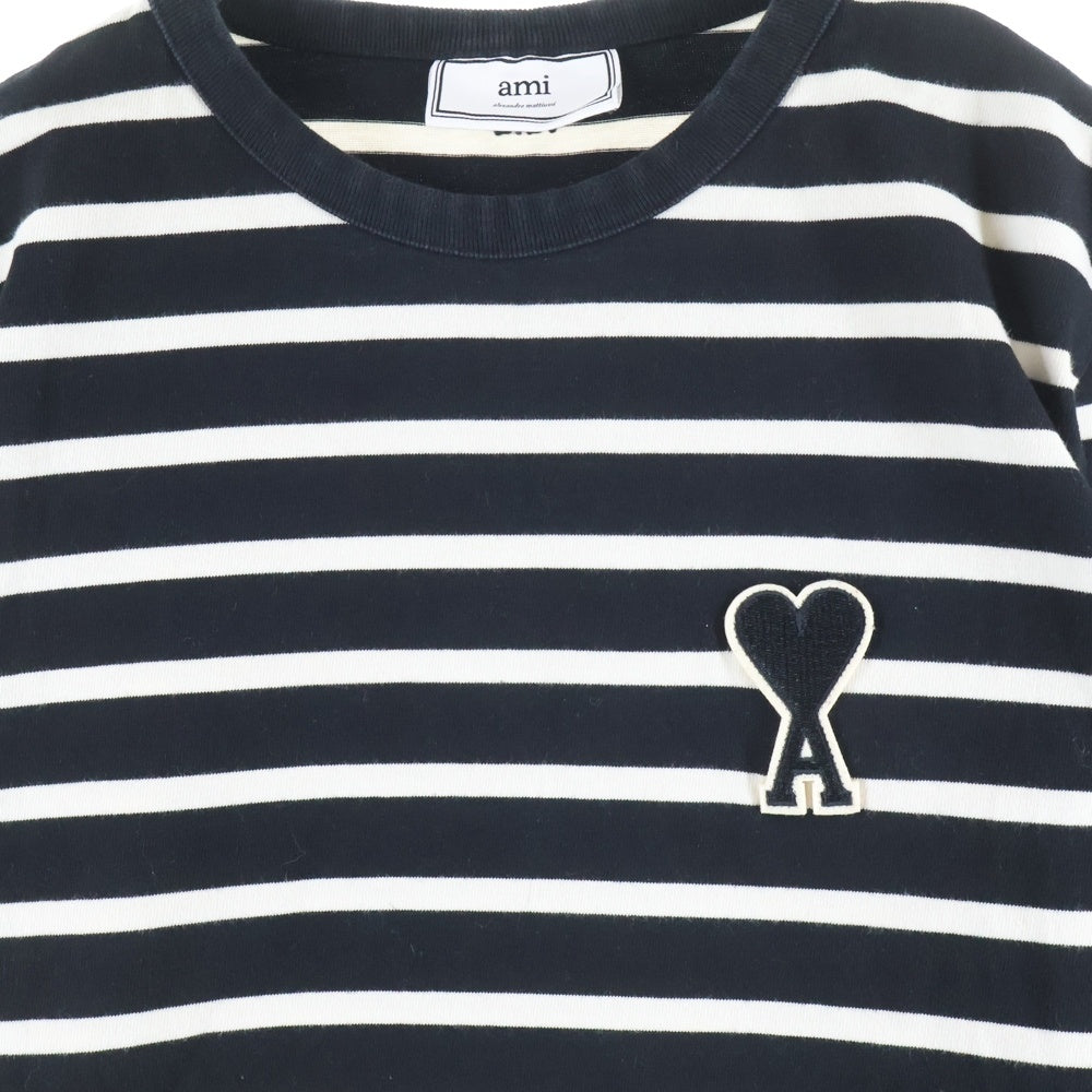 AMI Alexandre Mattiussi(アミアレクサンドルマテュッシ) L/S T-Shirt ハートロゴ刺繍 ボーダー長袖Tシャツ ロンT ブラック SPEH18J104.72