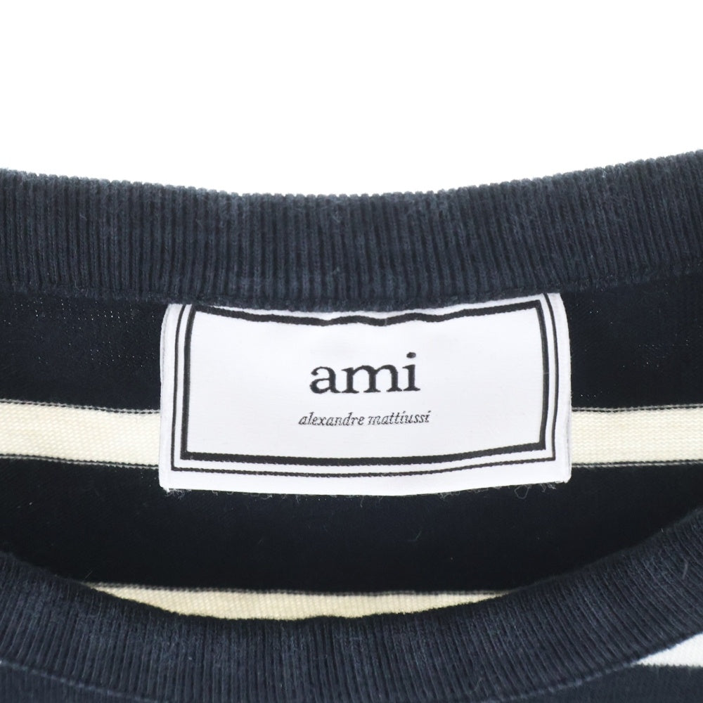 AMI Alexandre Mattiussi(アミアレクサンドルマテュッシ) L/S T-Shirt ハートロゴ刺繍 ボーダー長袖Tシャツ ロンT ブラック SPEH18J104.72