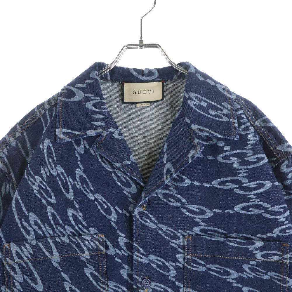 GUCCI(グッチ) Blue Wave Shaped GG Laser Printed Denim Shirt 半袖デニムシャツ インディゴ 782744 XDCWQ