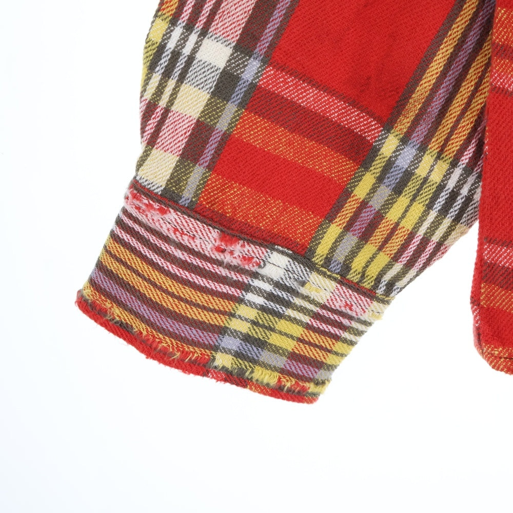 SAINT MICHAEL(セントマイケル) 25AW FLANNEL SHIRT ダメージ加工 長袖チェックシャツ ネルシャツ レッド SM-HR1-0000-042