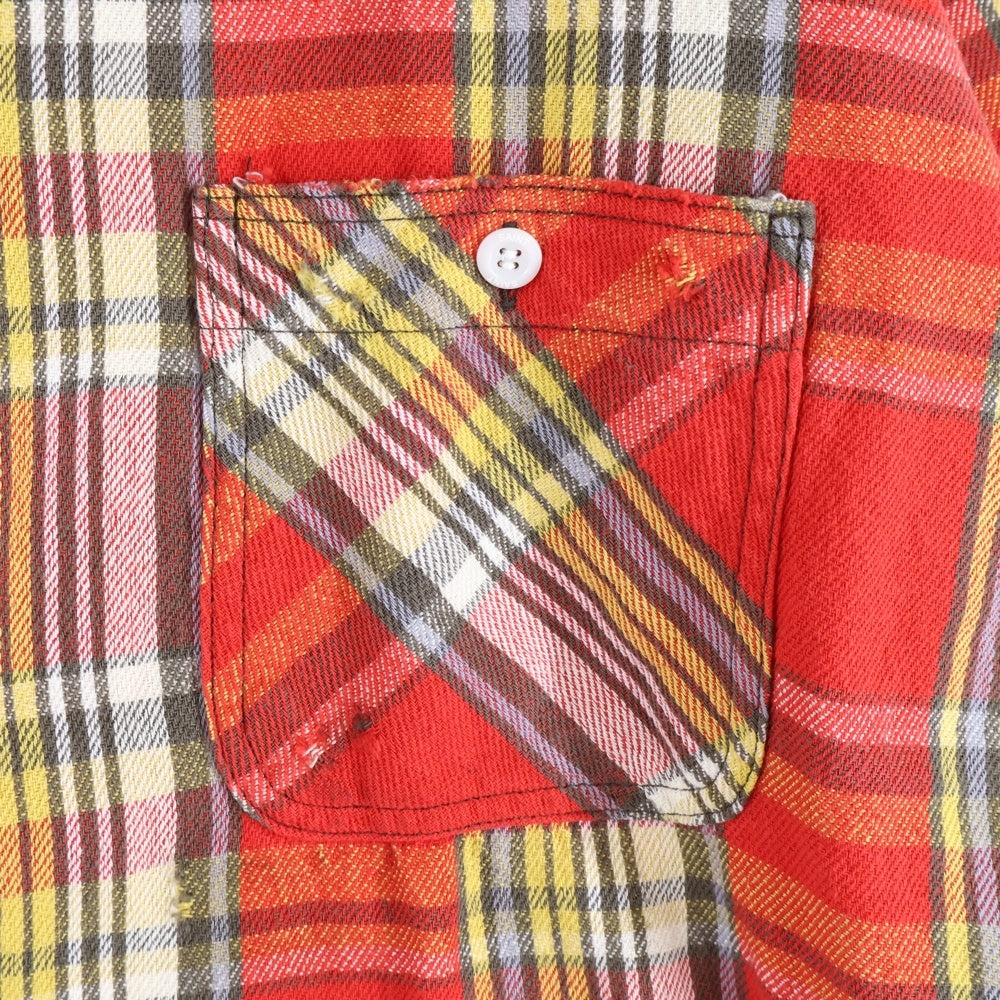SAINT MICHAEL(セントマイケル) 25AW FLANNEL SHIRT ダメージ加工 長袖チェックシャツ ネルシャツ レッド SM-HR1-0000-042
