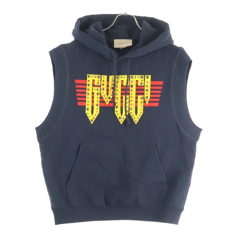 GUCCI(グッチ) Sleeveless Hoodie スタッズ装飾 ノースリーブ プルオーバースウェットパーカー フーディー ブラック 663243 XJET5