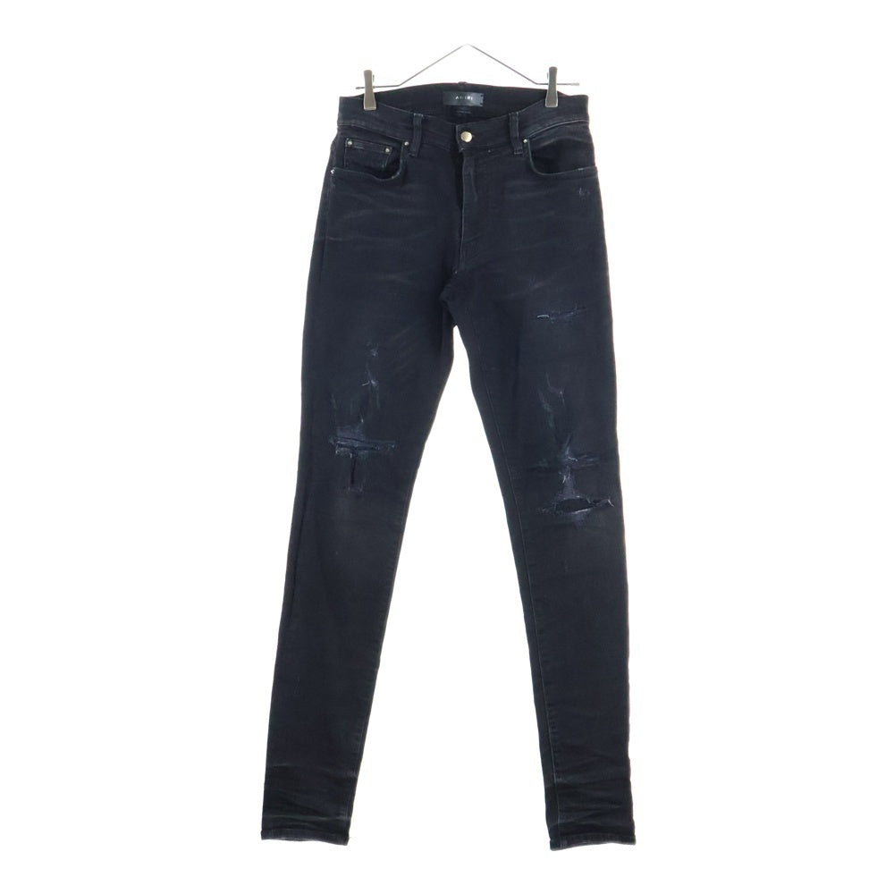 AMIRI(アミリ) ロゴパッチ ダメージ加工 ストレッチスキニーデニムパンツ ブラック