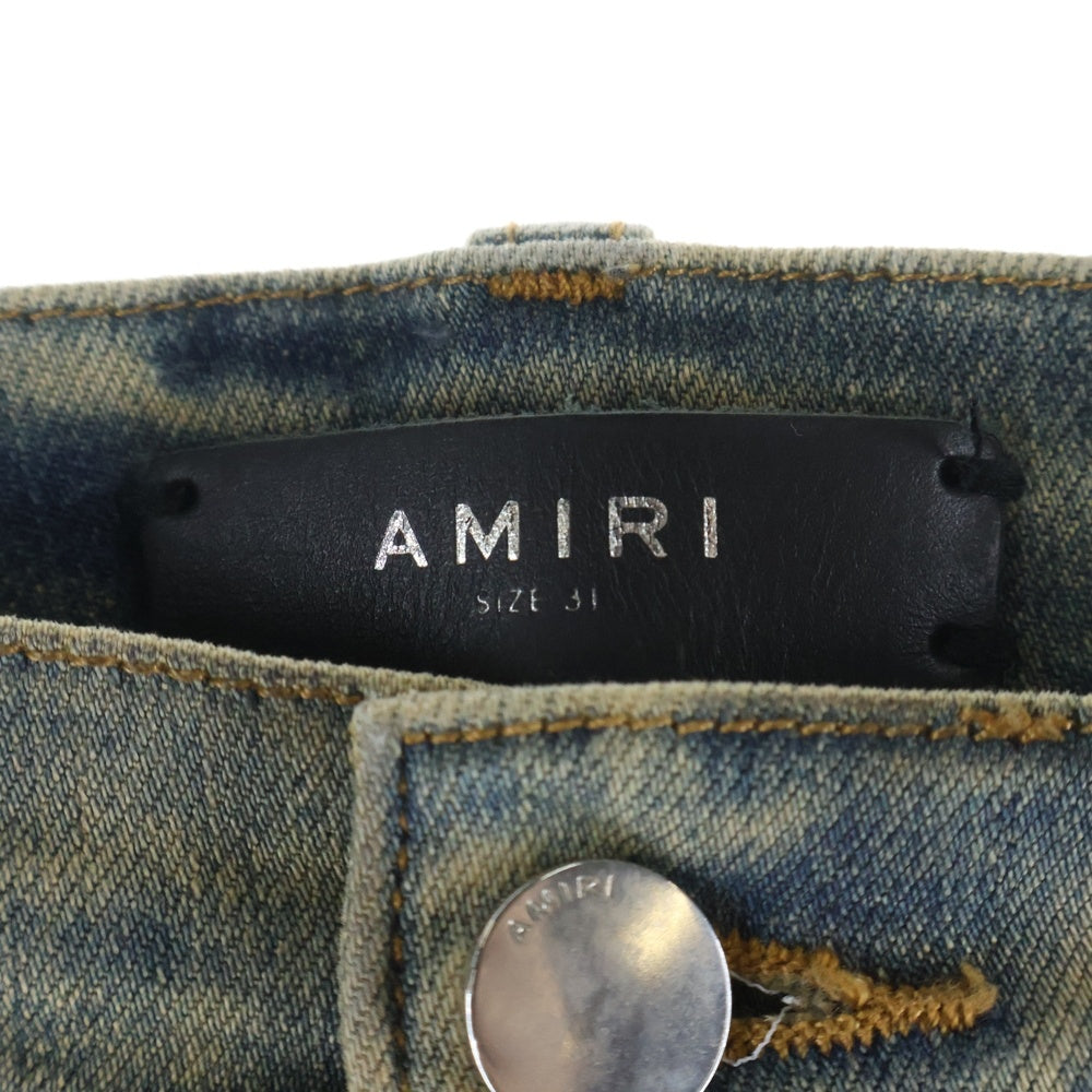 AMIRI(アミリ) ロゴパッチ フェードダメージ加工 ストレッチスキニーデニムパンツ インディゴ/ブラウン