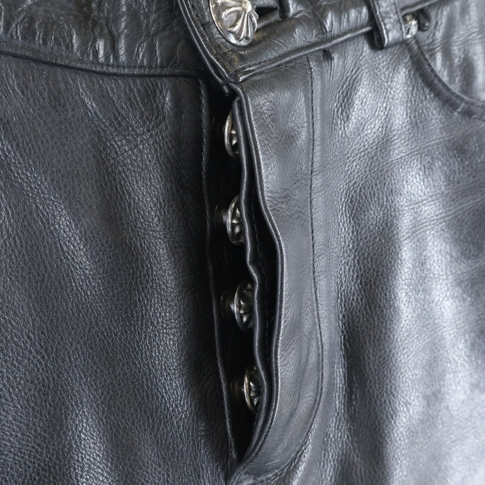 CHROME HEARTS(クロムハーツ) LTHR PANTS フレアニー クロスボールボタンフライ レザーパンツ ブラック