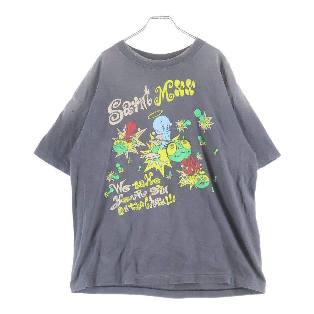 SAINT MICHAEL(セントマイケル) 25SS SS TEE SAINT MX6 キャラクタープリント ダメージ加工 半袖Tシャツ グレー SM-HR8-0000-014