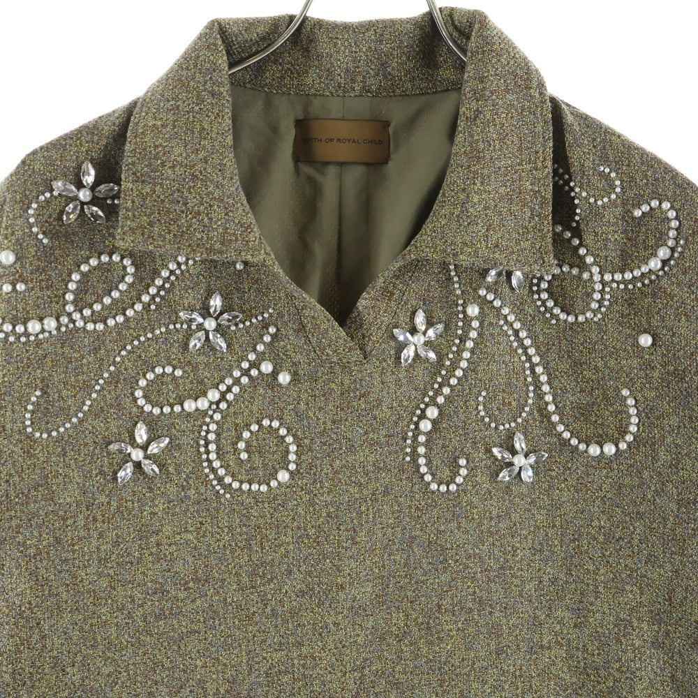 BIRTH OF ROYAL CHILD(バースオブロイヤルチャイルド) Diamond Floral Knit パール装飾 長袖ツイードシャツ ベージュ