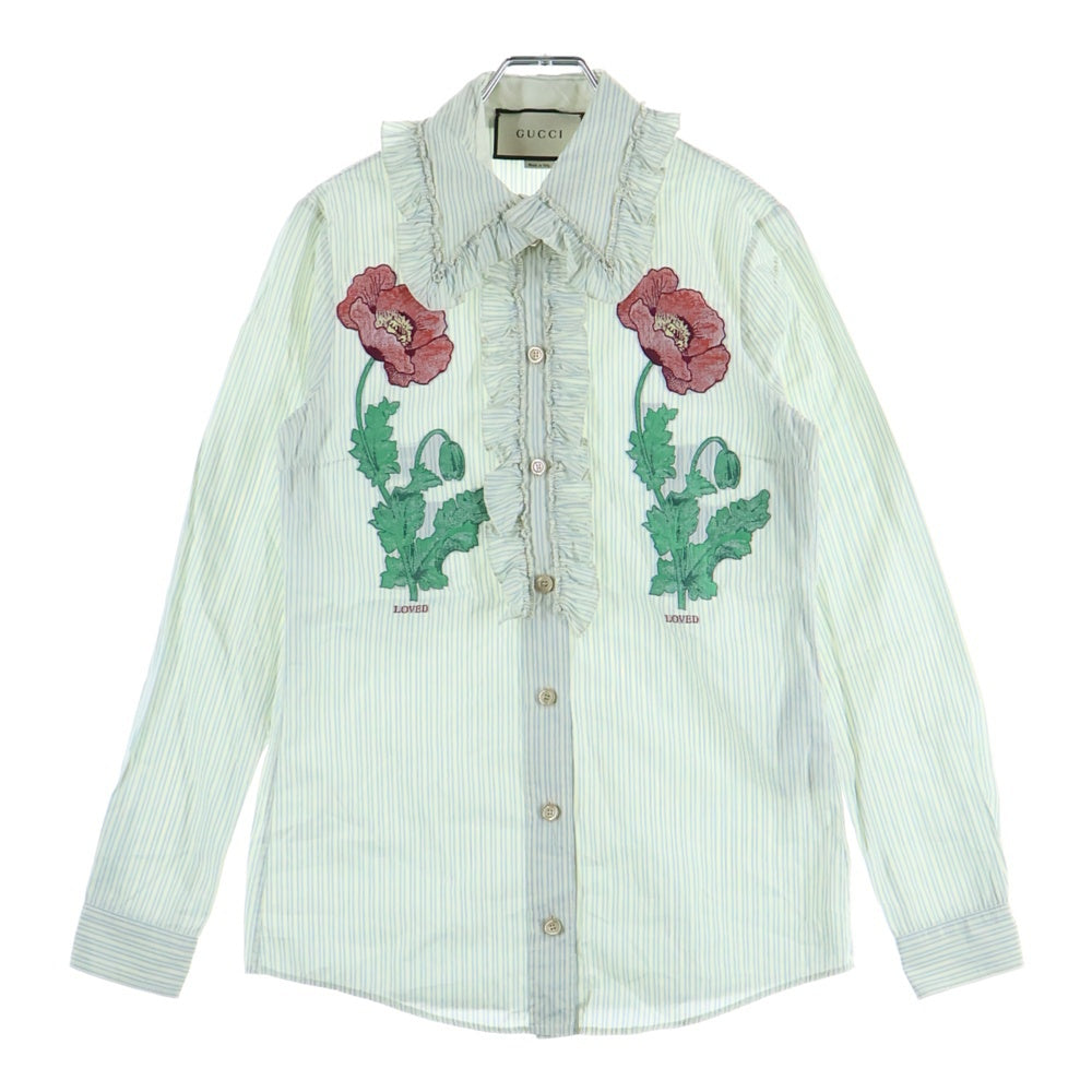GUCCI(グッチ) Flower Embroidery Shirt ストライプ 花柄刺繍 長袖シャツ ブラウス ブルー レディース 497747 Z310F