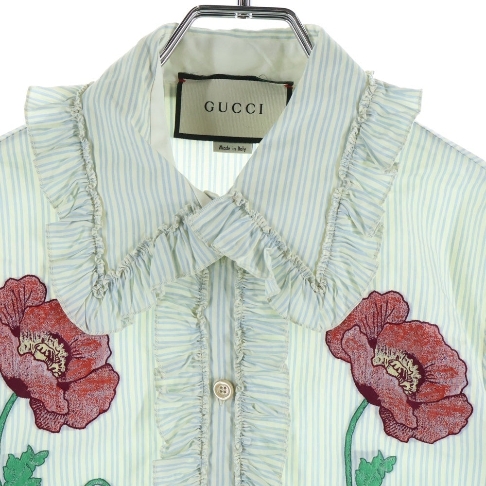 GUCCI(グッチ) Flower Embroidery Shirt ストライプ 花柄刺繍 長袖シャツ ブラウス ブルー レディース 497747 Z310F