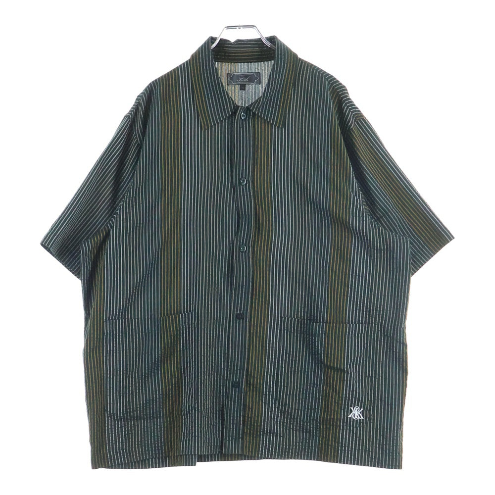KITH(キス) ロゴ刺繍 ストライプデザイン 半袖シャツ グリーン