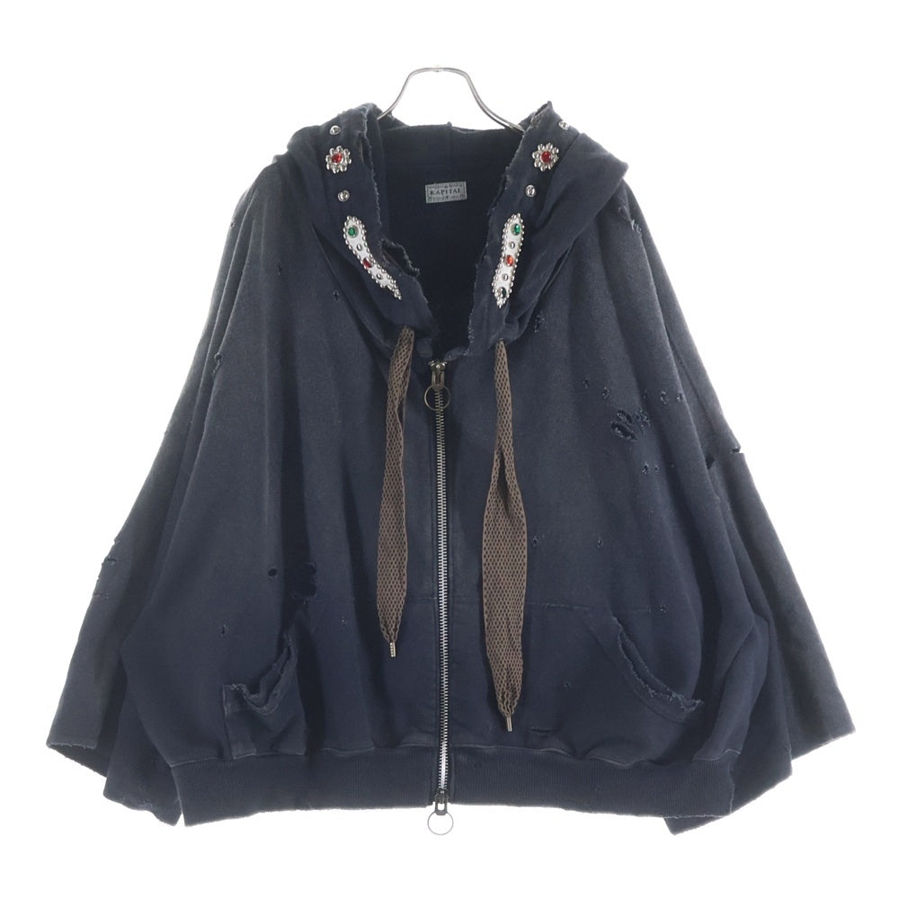 KAPITAL(キャピタル) Thriller Devil Hoodie スリラー ダメージ加工 スタッズ装飾 ジップアップスウェットパーカー フーディー グレー K2503LC053