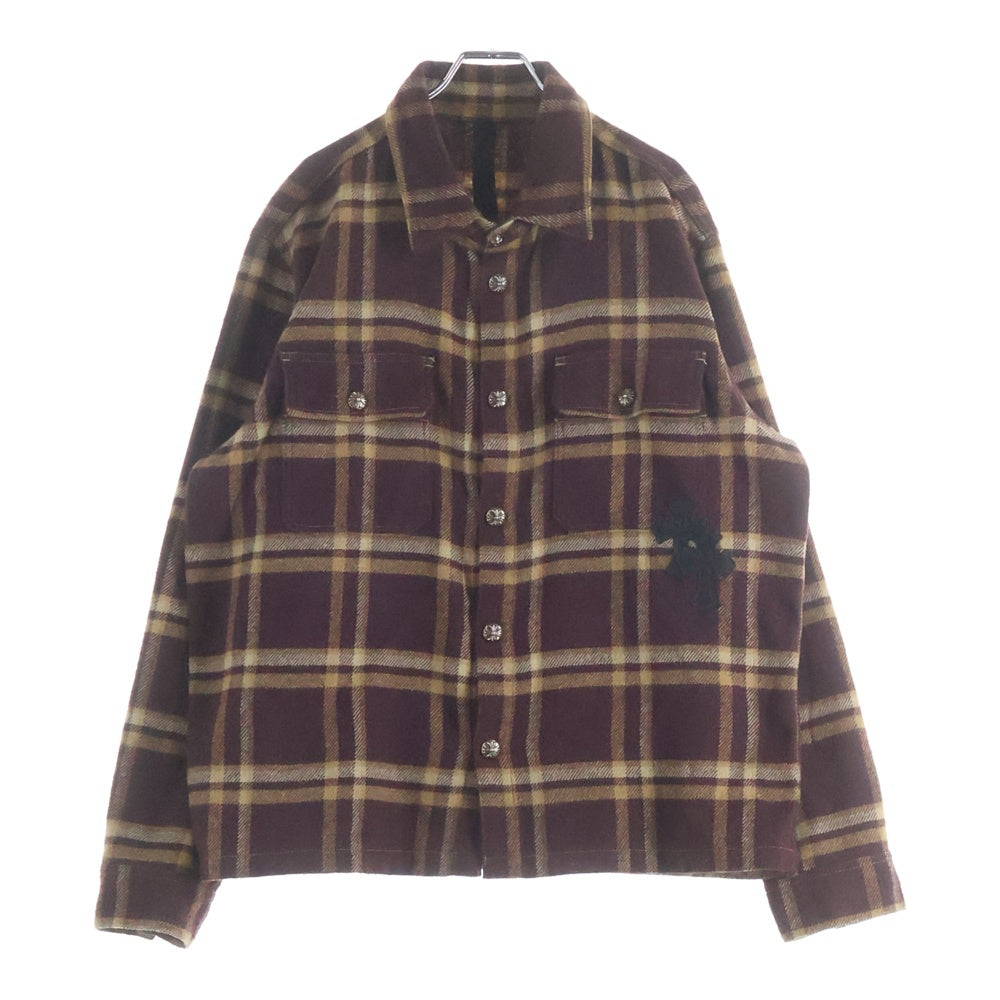 CHROME HEARTS(クロムハーツ) WORK DOG クロスパッチ付き 長袖チェックシャツ ネルシャツ ブラウン