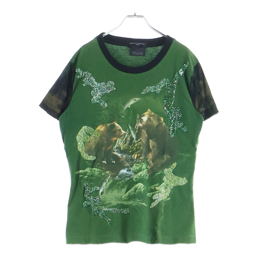 NO BRAND(ノーブランド) DRYCLEANONLY(ドライクリーンオンリー) Bear T-Shirt ベアプリント 袖レース半袖Tシャツ グリーン