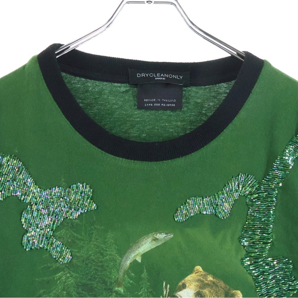 NO BRAND(ノーブランド) DRYCLEANONLY(ドライクリーンオンリー) Bear T-Shirt ベアプリント 袖レース半袖Tシャツ グリーン