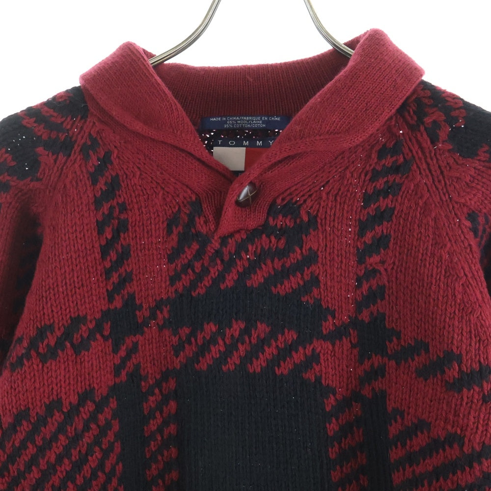 TOMMY HILFIGER(トミーヒルフィガー) チェック柄 レザー エルボーパッチ カウチンセーター レッド
