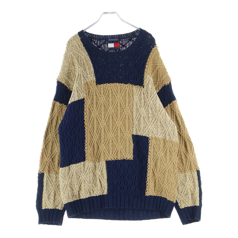 TOMMY HILFIGER(トミーヒルフィガー) Knit Cotton Sweater コットンニットセーター 切り替え手編みニット ベージュ/ ネイビー