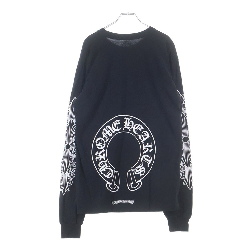 CHROME HEARTS(クロムハーツ) FLRL CRS HORSESHOE L/S フローラルクロス ホースシュー 両面ロゴデザイン クルーネック カットソー 長袖Tシャツ ブラック