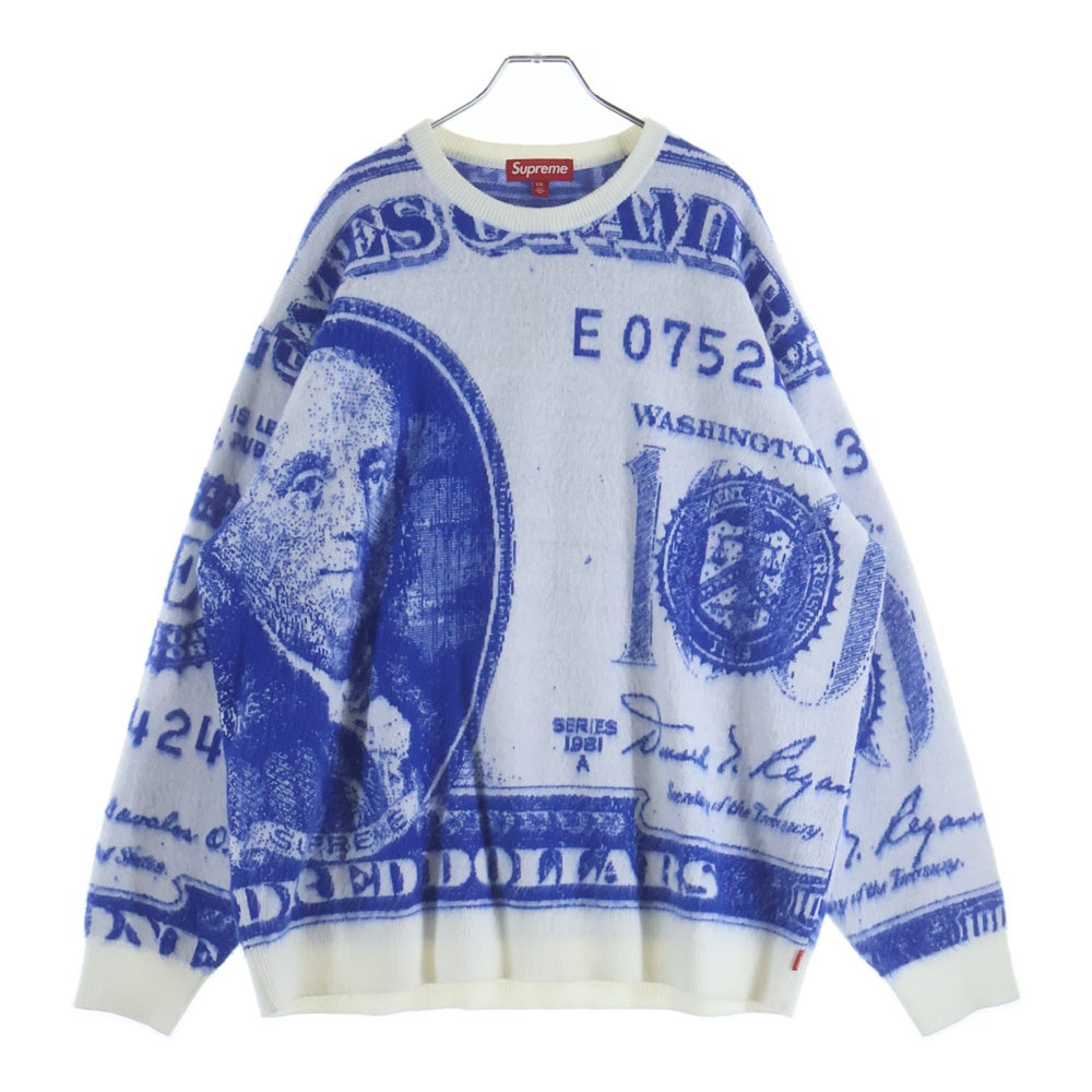 SUPREME(シュプリーム) 25SS Money Sweater 総柄マネーモチーフ クルーネック長袖ニットセーター ブルー/ホワイト